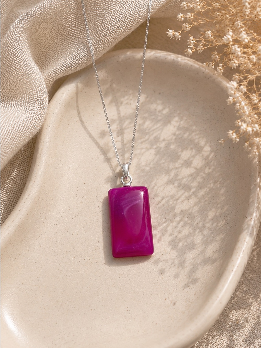 Sterling Silver Necklace with Vibrant Pink Rectangular Pendant